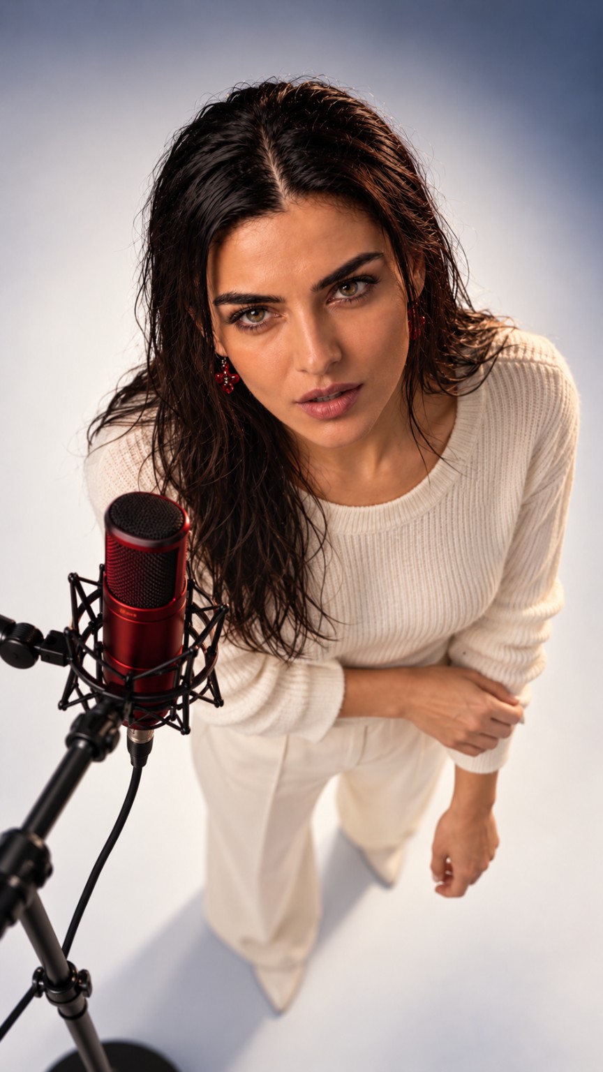 Selyna Turcu privește spre cameră, lângă microfonul de studio